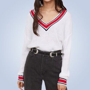 H&M White V-Neck Sweater with Red and Black Stripes